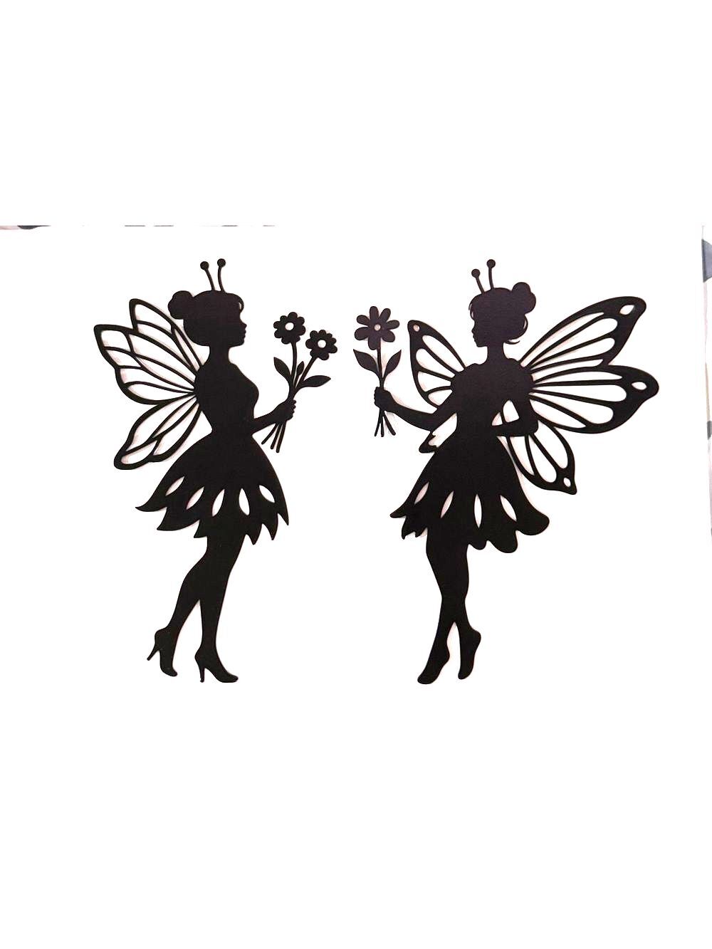 Black Fairy Silhouette Metal Wall Decals - Floral Pair